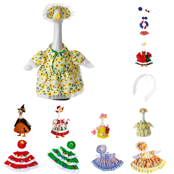 Qjidjing Lace Trim flower Porch Goose Dress, Spring Summer Pastoral Outfit, for 23 Inch Large Garden Goose Statue
