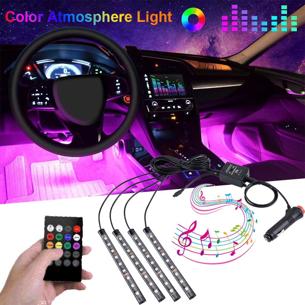 4 Car Atmosphere Lamp RGB LED Strip Light Interior Decoration Music Rhythm Light