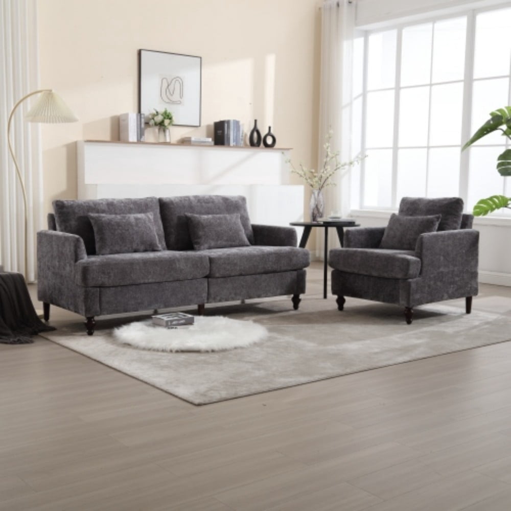 Accent Chair, Mid Century Modern Chenille Armchair with Tufted Back, Studded Solid Wood Frame, Upholstered Lounge Chair for Living Room, Bedroom, Gray
