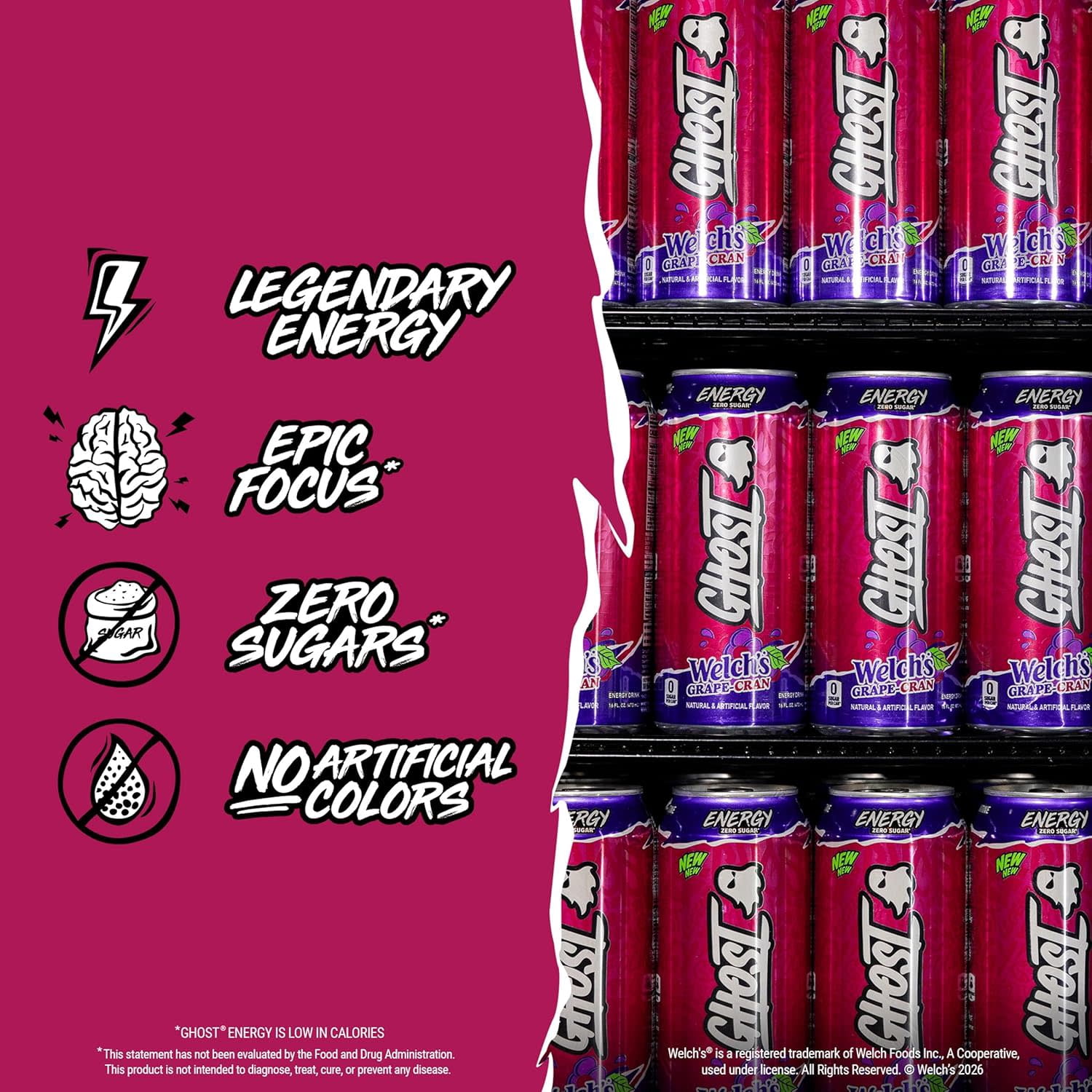 GHOST® ENERGY Zero Sugars Energy Drink, Welch's Grape-Cran, 200mg Natural Caffeine, 16 fl oz Can