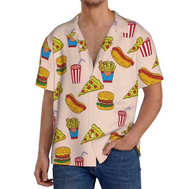 Balery Hamburger Pizza Camisa Casual de Manga Corta con Botones para Hombre, Texturizada, Estilo Cubano, para Playa, Verano-4X-Large