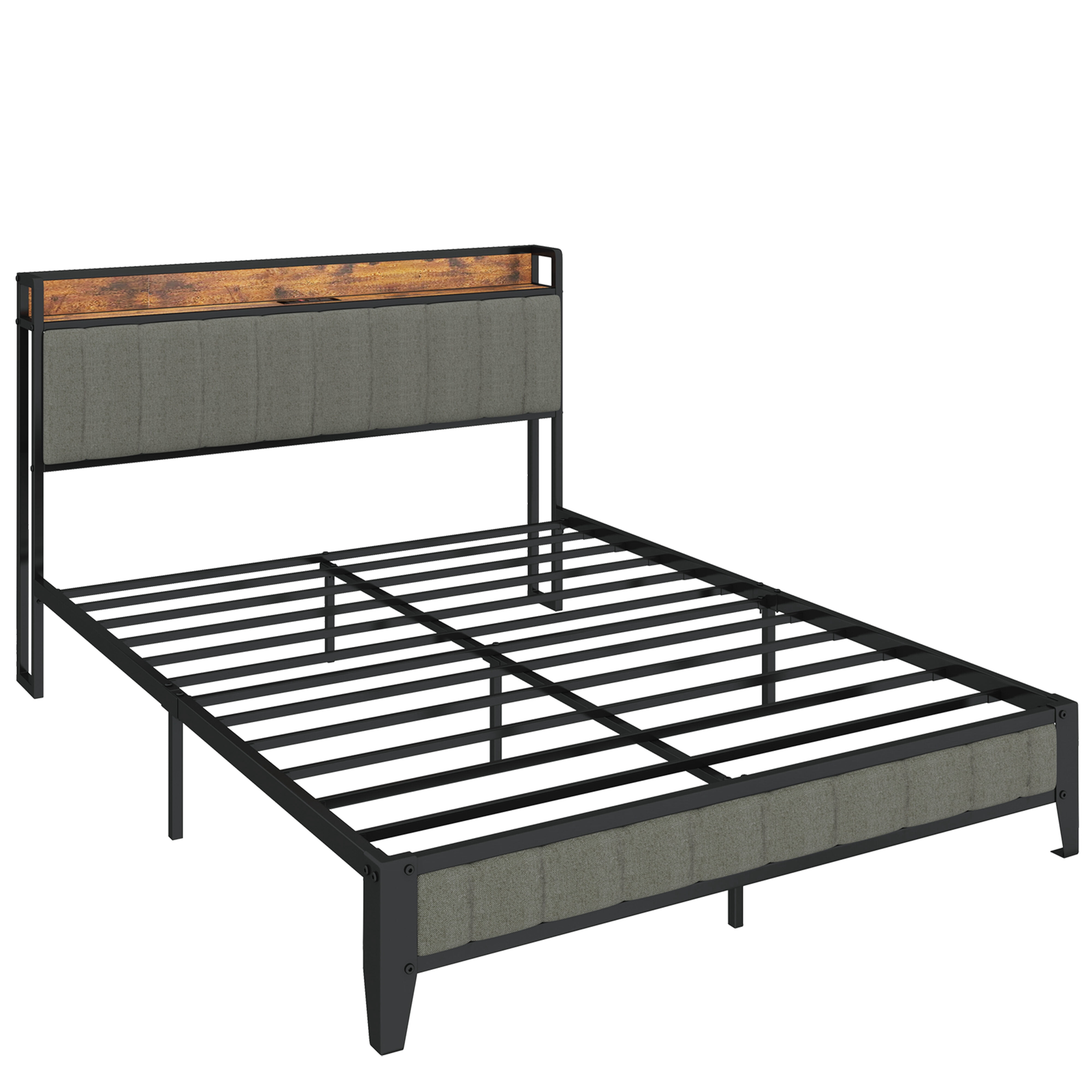 Bed Frames Full Size Bed Frame with Charging Station, Upholstered Headboard, Metal Platform, Grey,Adjustable Bed Base
