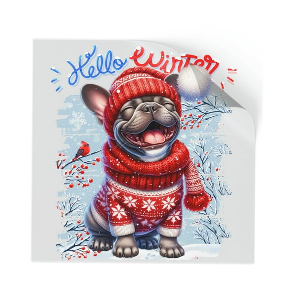 Hello Winter French Bulldog Smiling in Red Scarf Hat Welcome Christmas Cutout Transfer Sticker Dog Lover Gifts Transparent Decal Art Decor - 00017