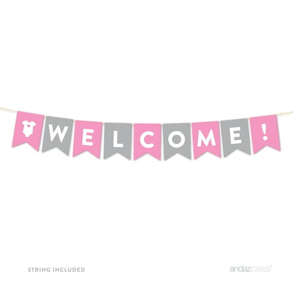 Welcome Gray Girl Baby Shower Hanging Pennant Garland Party Banner