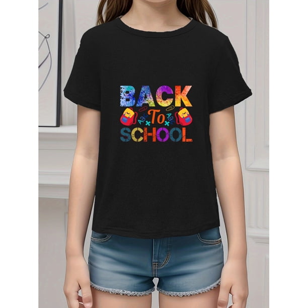Back-to-School Breathable & Comfy Girls' T-Shirt - Casual Crew Neck, Short Sleeve with Fun Print, Perfect for Spring/Summer/Fall