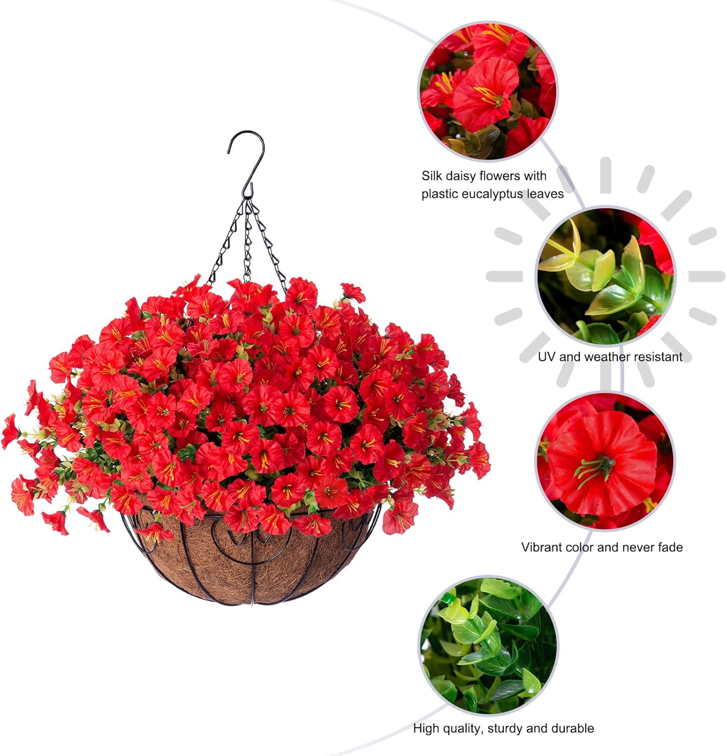 Artificial Faux Hanging Outdoor Plants Flowers Basket for Spring Summer Decoration, Fake Red Silk Morning Glory in Planter UV Resistant Look Real for Outside Porch Patio Balcony Home