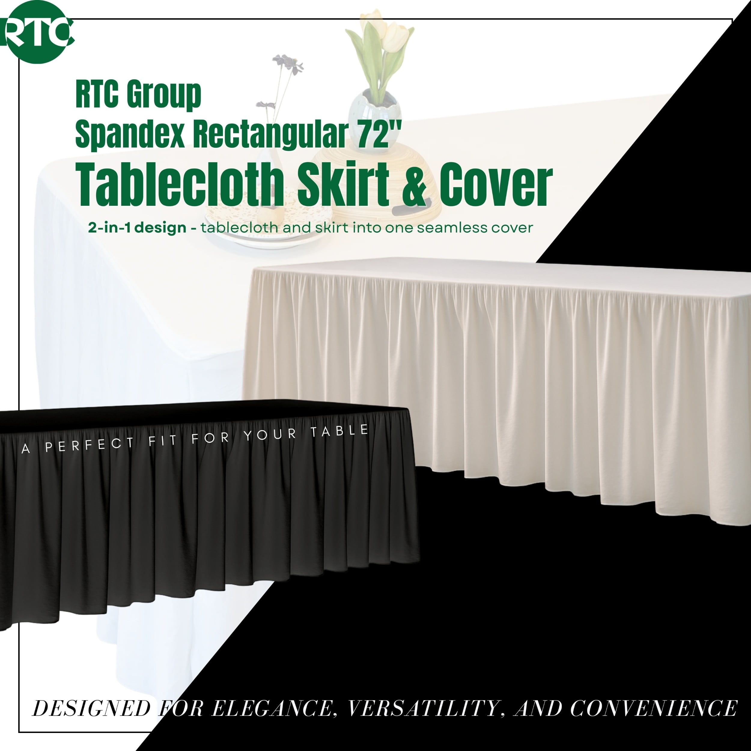 RTC Group Spandex Rectangular Tablecloth Skirt Table Cover, 6Ft Table, 72" x 30", White, 4 PK