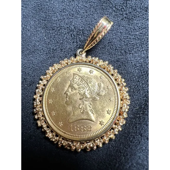 RKC 925 Sterling Silver 1882 Lady Liberty Pendant No Chain 14k Yellow Gold Plated
