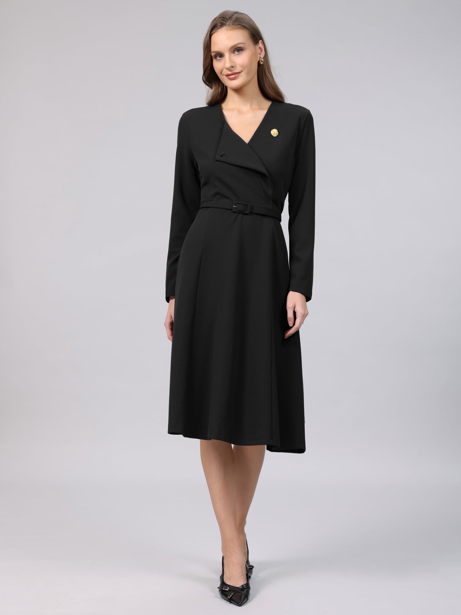 DARING DIVA Women's A-Line Work Lapel V Neck Long Sleeve Flare Dress M Black