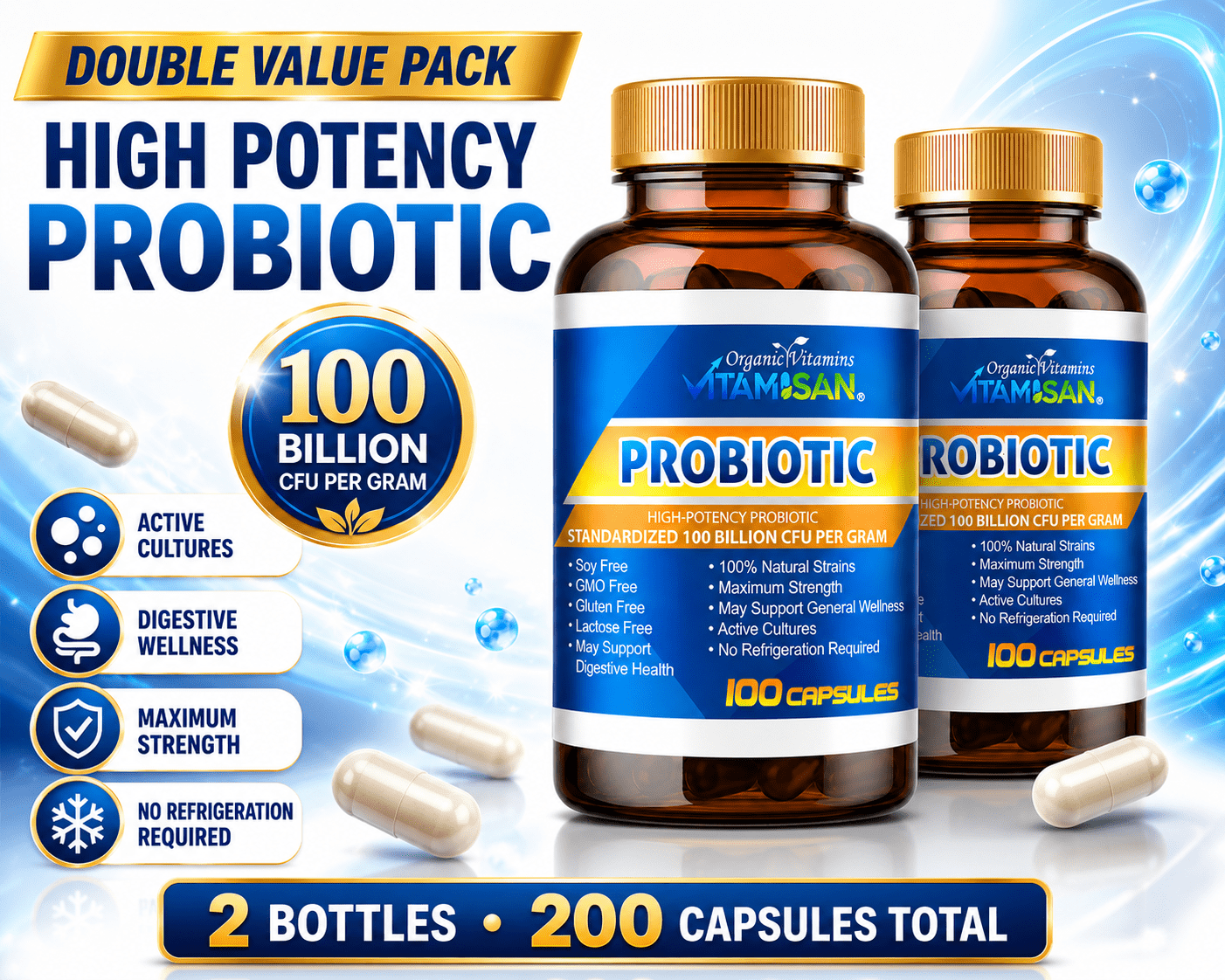 2 Bottles – Probiotic 100 Billion CFU + Plant Enzymes – 200 Caps – Advanced Digestive Support
