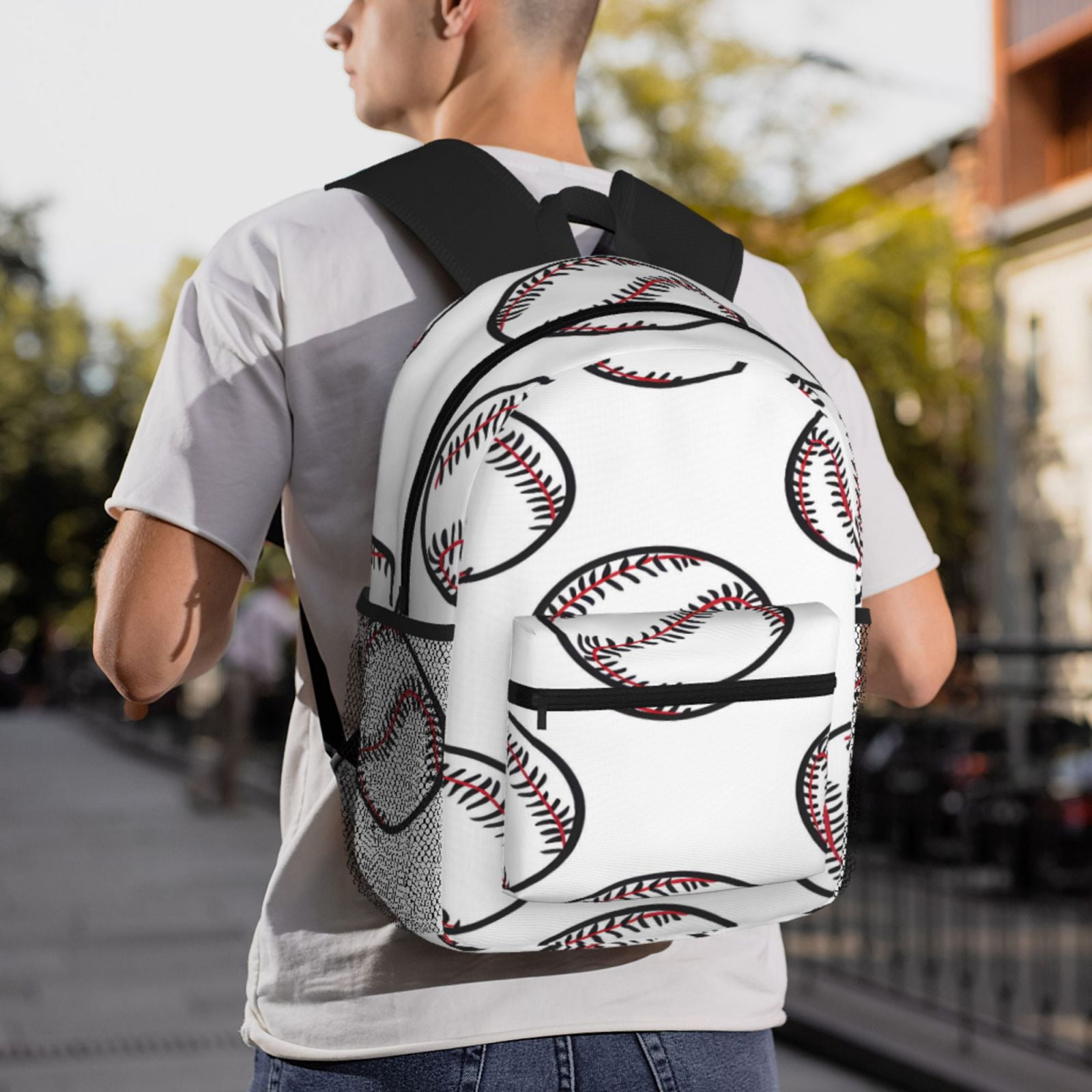 Casual Backpack Water Resistant Lightweight Daypack For Work Travel Hiking Camping Laptop Compartment & Side Mesh Pockets Baseball Theme Sporty Dynamic Style