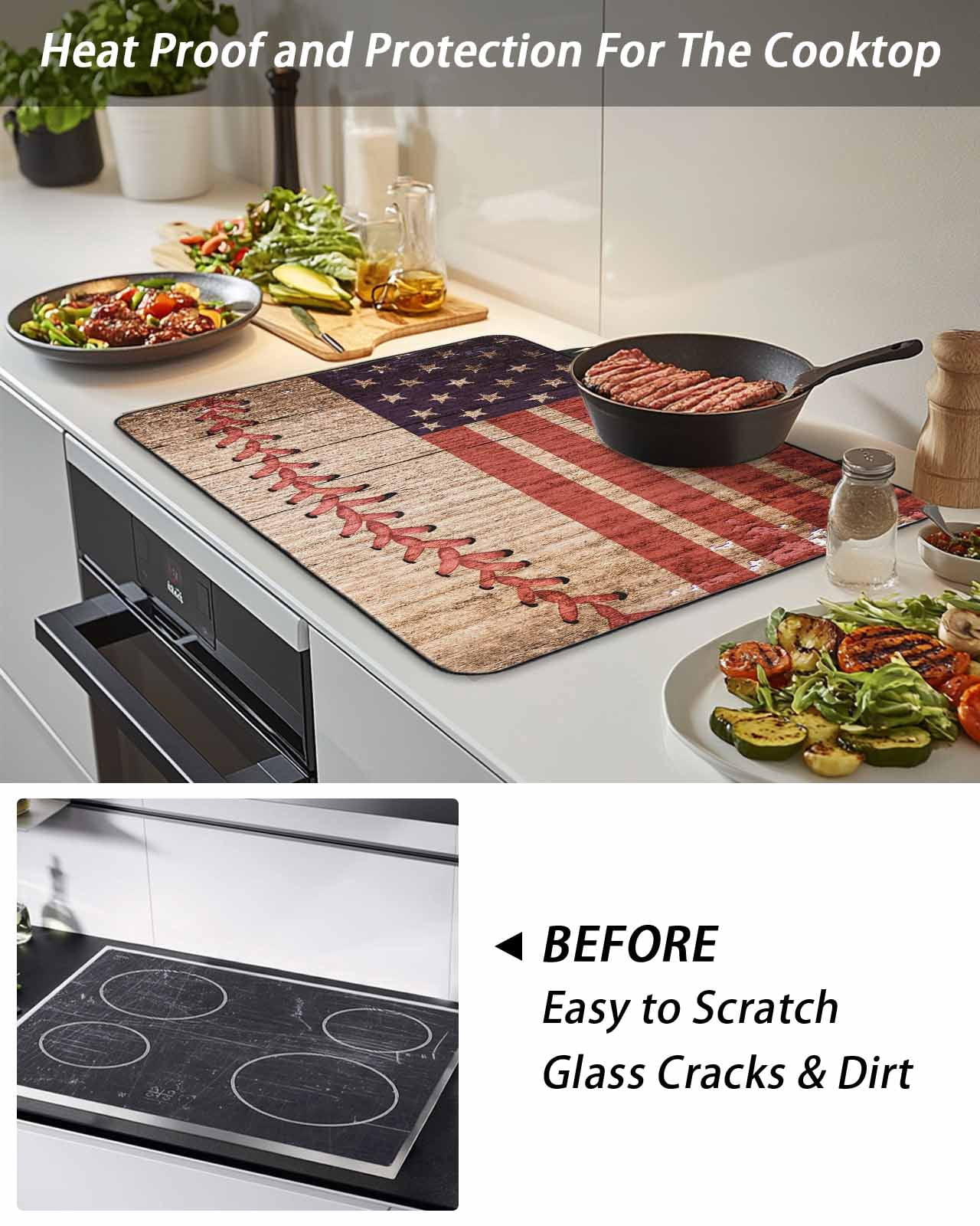 Stove Top Covers for Electric Stove, American Flag Vintage Glass Stovetop Cover Protector, Farmhouse Baseball Blue Red Induction Cooktop Protector Oven Mat for Kitchen Countertop 24"x21"