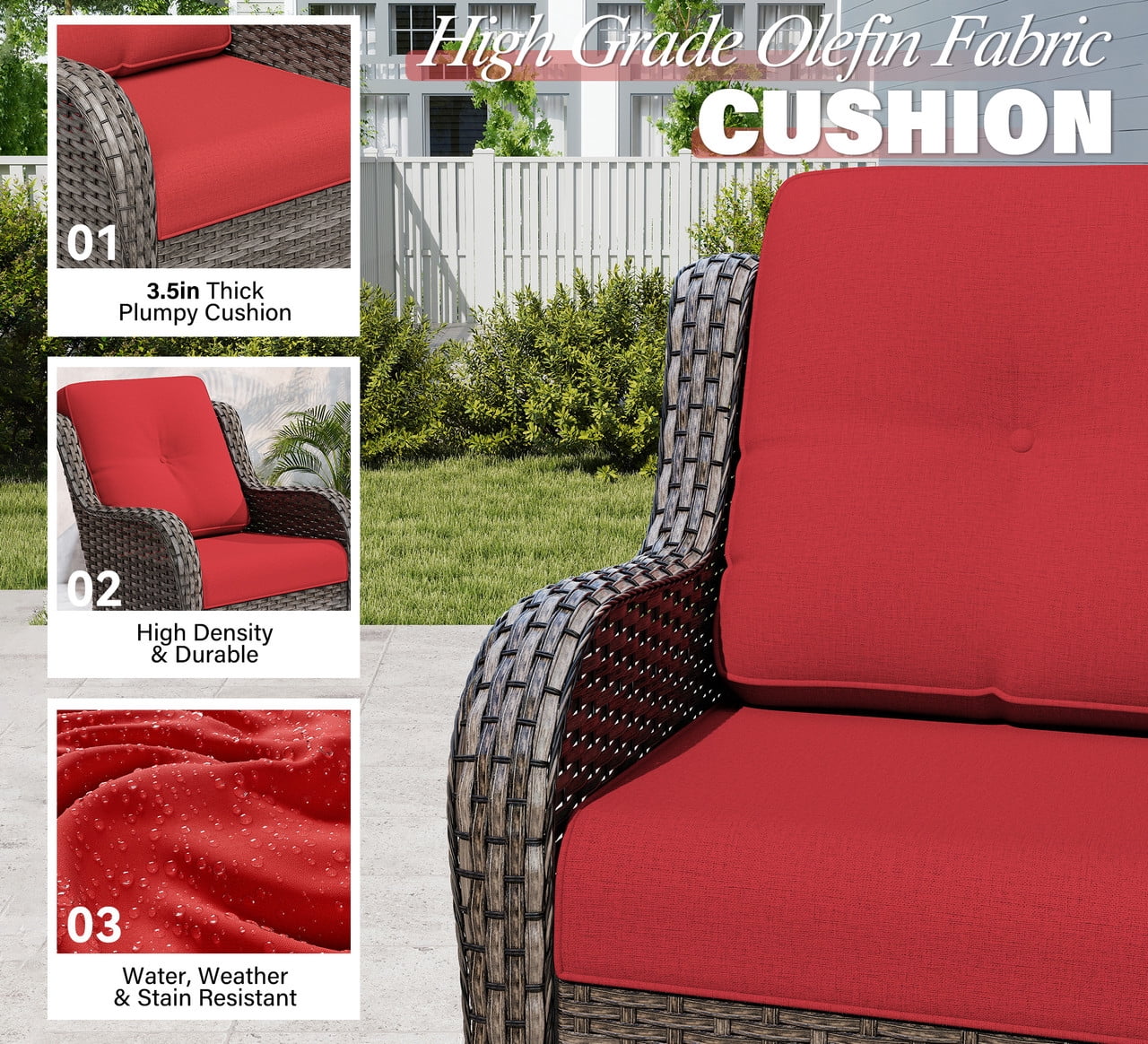 Meetleisure Patio Chairs Set of 2, Wicker Outdoor Furniture with High Back, Deep Seating, Wide Armrest, Thick Cushions, Rattan Chairs for Deck Porch, Red