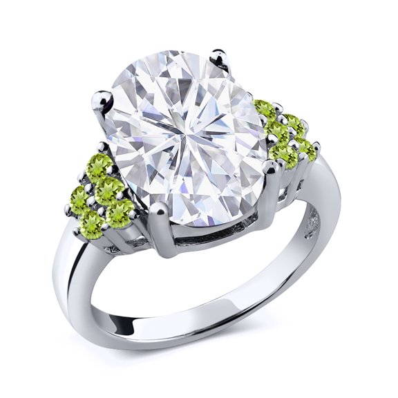 Gem Stone King 925 Sterling Silver Green Peridot Ring Set with Oval Moissanite (5.65 Cttw) (Size 6)