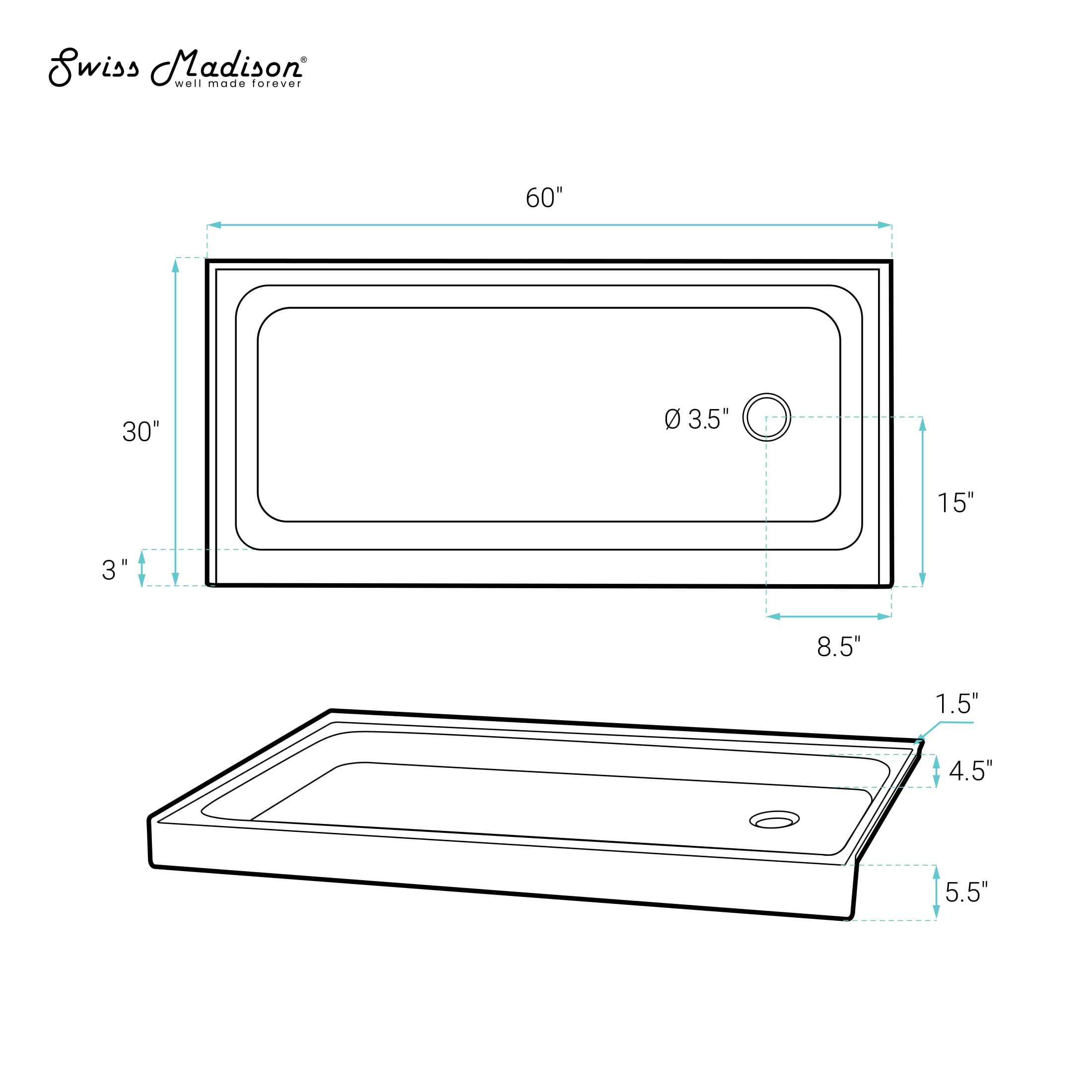 Voltaire 60 x 30 Shower Pan Base with Right Drain in Glossy White