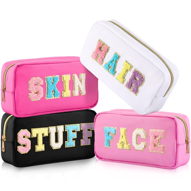 Bolsas de maquillaje Cunno Preppy de nailon con letras de chenilla, 4 unidades, para mujer