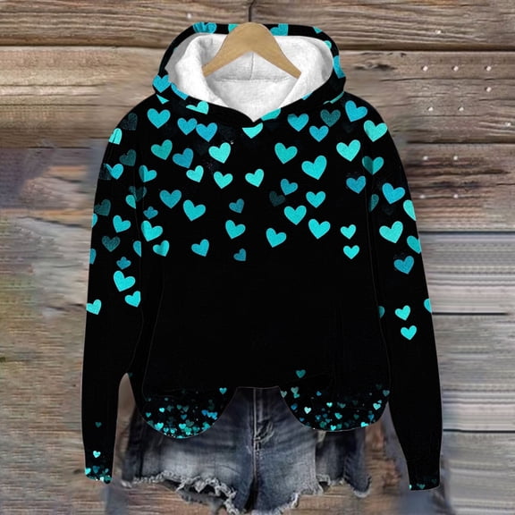 Kids Girls Cropped Hoodie - Turquoise Heart All-Over Print, Stretchy Polyester Spandex Blend, Hooded No Drawstrings, Multicolor Casual Sweatshirt for Teens 8-16,Size 5-6T