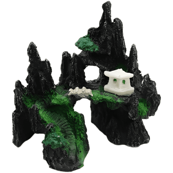 Fish Tank Rockery Cave, Aquarium Ornament Decorations, Mountain Hideout, Zen Fish Tank Landscape, Black Green Resin Aquarium Decor with Pavilion for Small Fish Shrimp