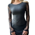 thumbnail image 1 of Haut à Manches Longues pour Femme, T-Shirt à Col Rond avec Insert en Dentelle, T-Shirt Basique Extensible pour Femme, Justaucorps Superposé Décontracté, 1 of 4
