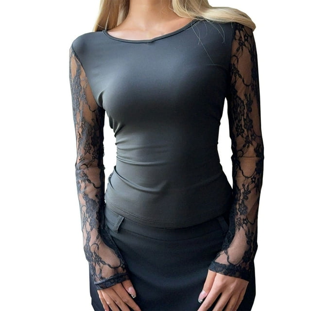 Haut à Manches Longues pour Femme, T-Shirt à Col Rond avec Insert en Dentelle, T-Shirt Basique Extensible pour Femme, Justaucorps Superposé Décontracté