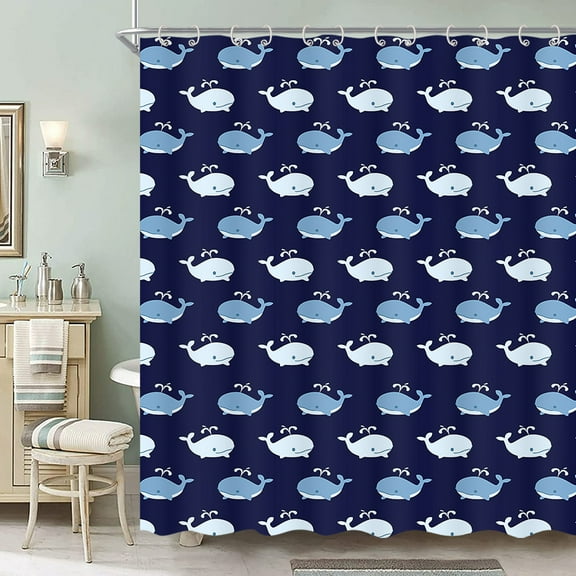 Nautical Ocean Whale Shower Curtain, Dark Blue Ocean Fish Animal Print Design Bathroom Shower Curtain for Kids, Sea Themed Creatures Underwater Shower Curtain Set with 12 Hooks 72x72 inch