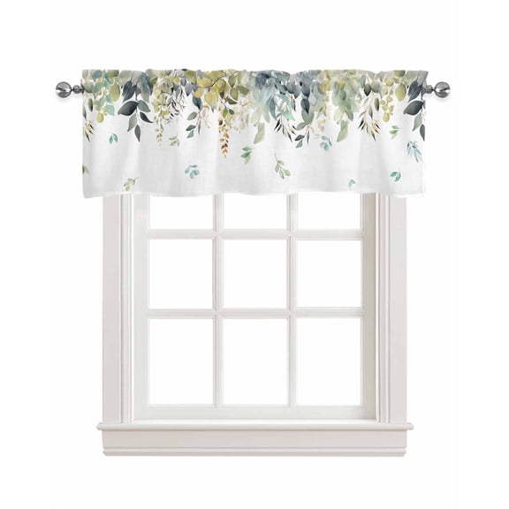 Eucalyptus Leaf Linen Curtain Valance for Bedroom/Bathroom/Kitchen/Office/Living/Dining Room Windows,Multicolored Spring Botanical Herb Rod Pocket Topper Drapes Decorative Cafe Drapery Panel 42x12