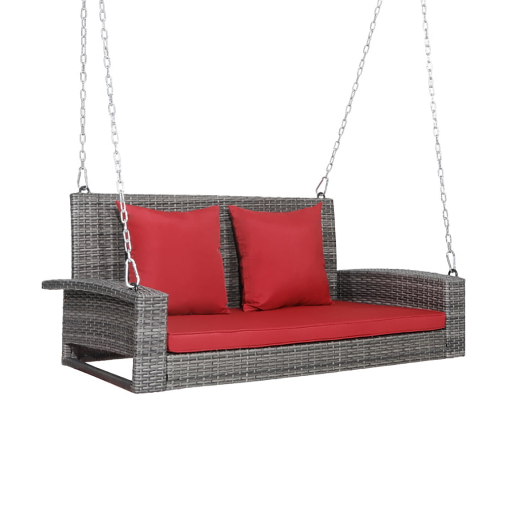 Aimee Lii 2-Person Patio PE Wicker Hanging Porch Swing Bench Chair Cushion 800 Pounds, Outdoor Patio Furniture, Red