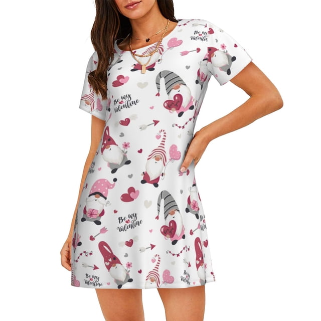 Saiise Motif gnomes de la Saint-Valentin Chemise de Nuit à Manches Courtes Col Rond Mignonne Robe de Nuit Confortable