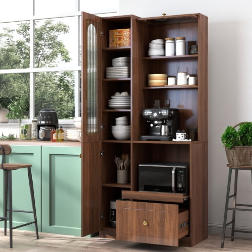 Farmhouse Storage Cabinet with Pull-Out Multi-Tier Shelves and 3 Doors, Pantry Organizer for Kitchen Dining Room, Walnut