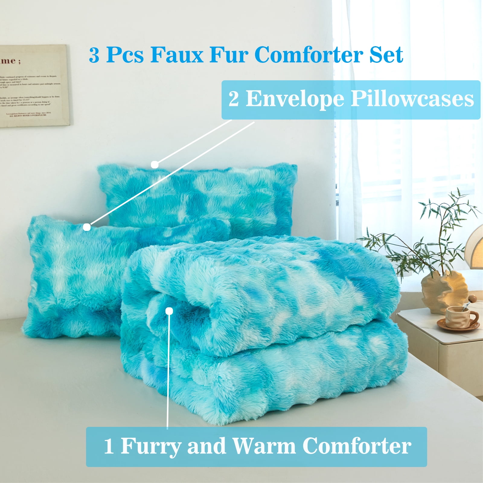 RYNGHIPY Fuzzy Comforter Set for Girls Queen 3pcs Faux Fur Bedding Set Tie Dye Teal Plush Bed Comforter Set Winter Bubble Bedding with Pi1lowcases