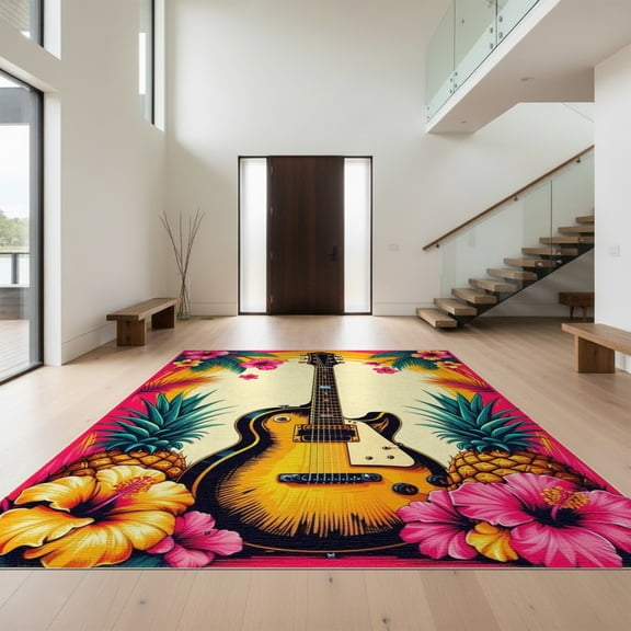 Design&I 8'x10' Washable Area Rug Sleek Flatweave Pet Friendly Hawaii Guitar Tiki Pineapple Hibiscus Motifs Luau Party Surf for King Size Bedroom, Under Bed
