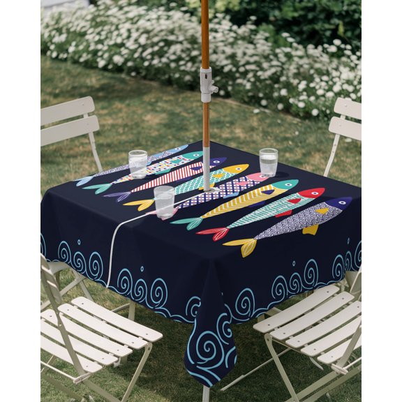 Outdoor Tablecloth with Umbrella Hole, Summer Ocean Colorful Fish Zippered Table Cloth for Rectangle Tables, Vintage Boho Folk Art Washable Waterproof Tablecloths for Picnic Patio Garden