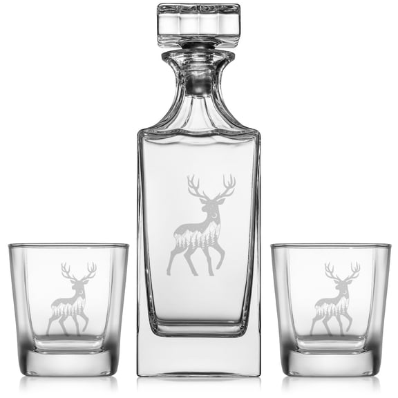 Whiskey Decanter Gift Set With 2 Whiskey Old Fashioned Rocks Glasses Deer Forest Mountains Stars