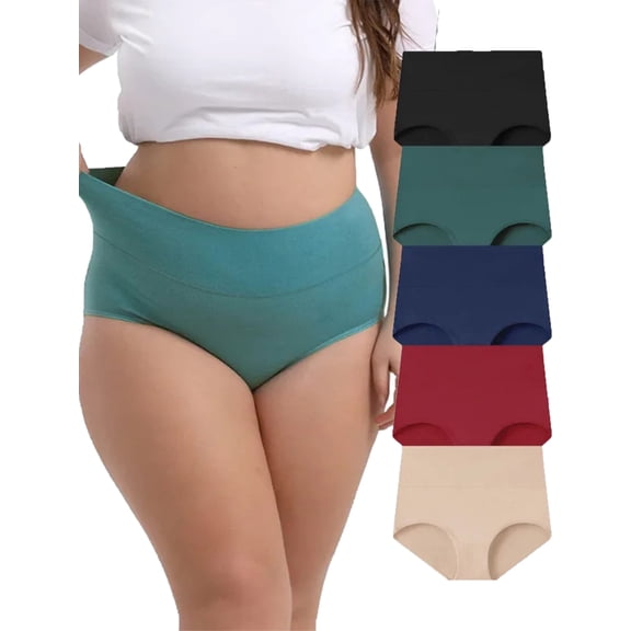 MecTo Women’s Plus Size Cotton Panties, High Waist Full Coverage Underwear, 5-Pack, Size 2XL