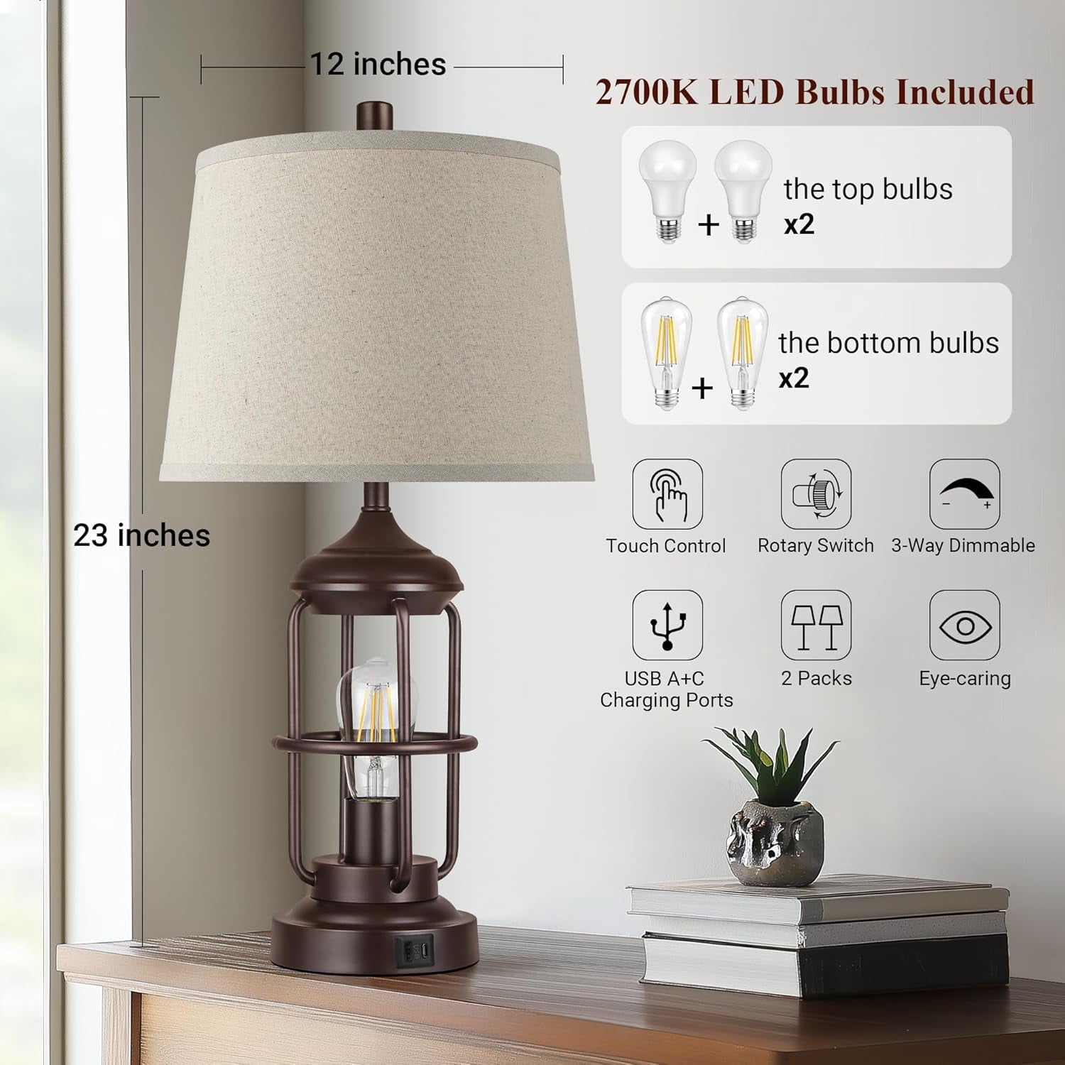 Newest Set of 2 Rustic Table Lamps with USB Ports, 3-Way Touch Control Dimmable Bedside Lamps with Dual Lighting, Farmhouse Nightstand Lamps with Included LED Bulbs