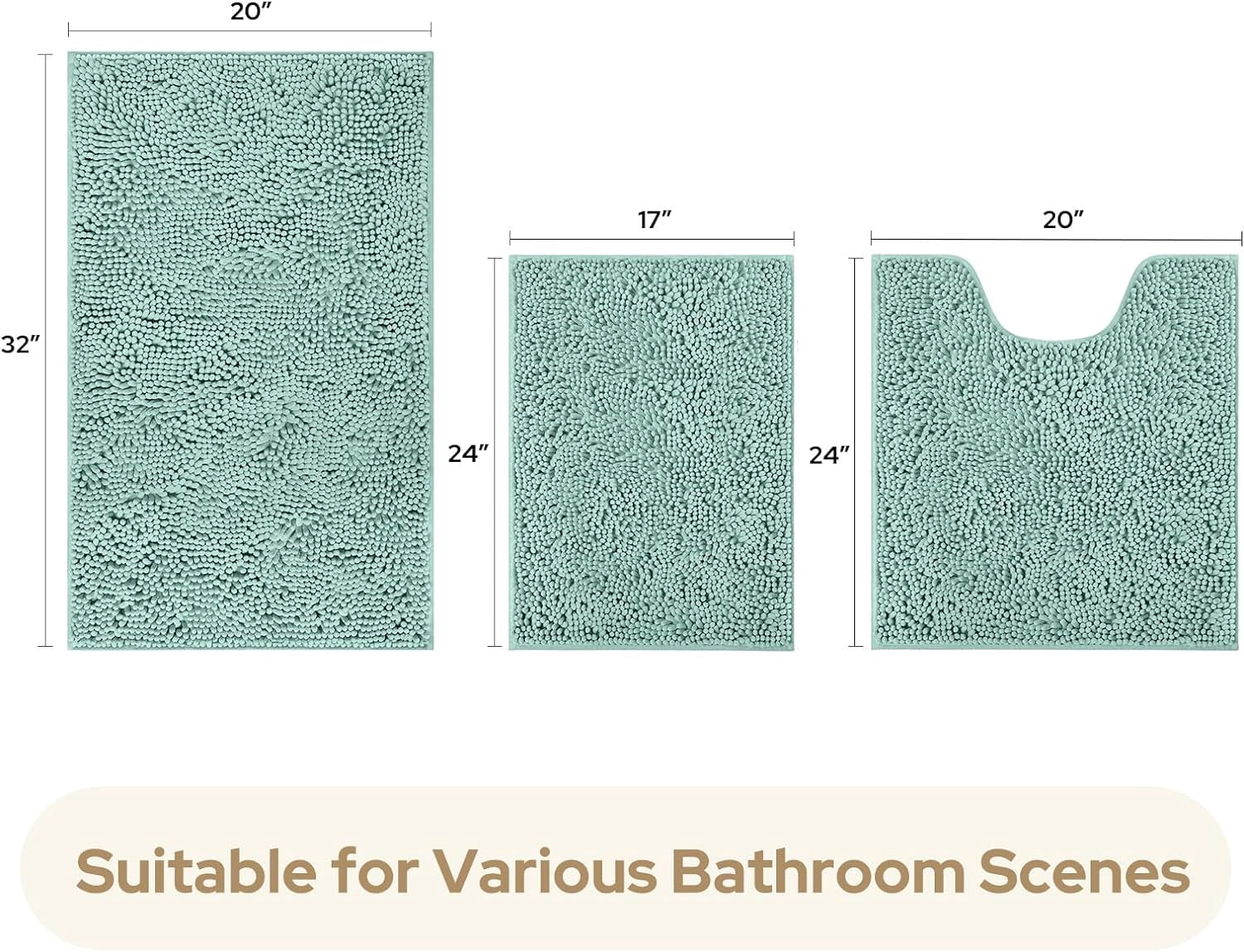 3 Pieces Bathroom Rugs, Ultra Soft Non Slip Absorbent Chenille Toilet Bath Mat Set (Eggshell Blue)
