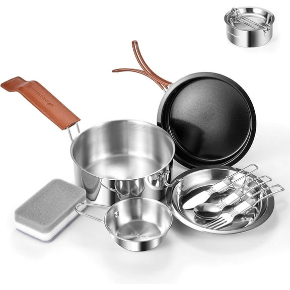 10pcs Camping Cookware Stainless Steel Camping Pot and Pan Set with Plate Bowl Fork Knife Spoon for Backpacking, Hiking, Outdoor Cooking and Picnic