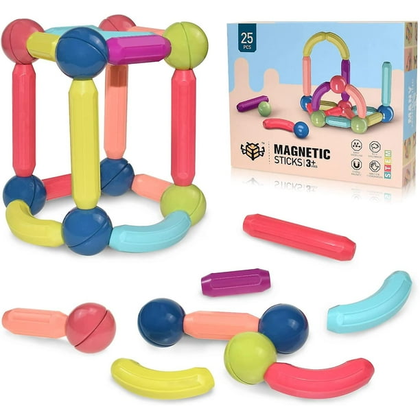 Bloques de construcción magnéticos para niños de 4 a 8 años, juguetes de construcción para niños y niñas, juego de bolas y palos magnéticos de gran tamaño para niños tempranos (25 piezas) Feliz Sencillez
