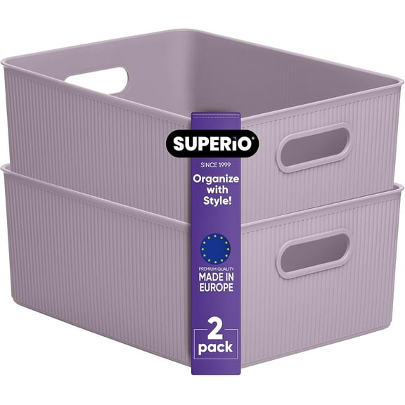 Superio Ribbed Plastic Storage Basket Organizer (2 Pack), 15 Liter Classic Closet Storage Bin for Shelf, Desk, Pantry – Store Toys, Clothes, Cosmetics, Stationary – Lilac