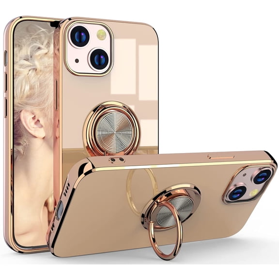 Compatible with iPhone 13 Case, Clear Cover Ultra Slim Soft TPU Case Built-in 360 Rotatable Ring Kickstand Fit Magnetic Car Mount for iPhone 13 6.1 inch,Milk Tea