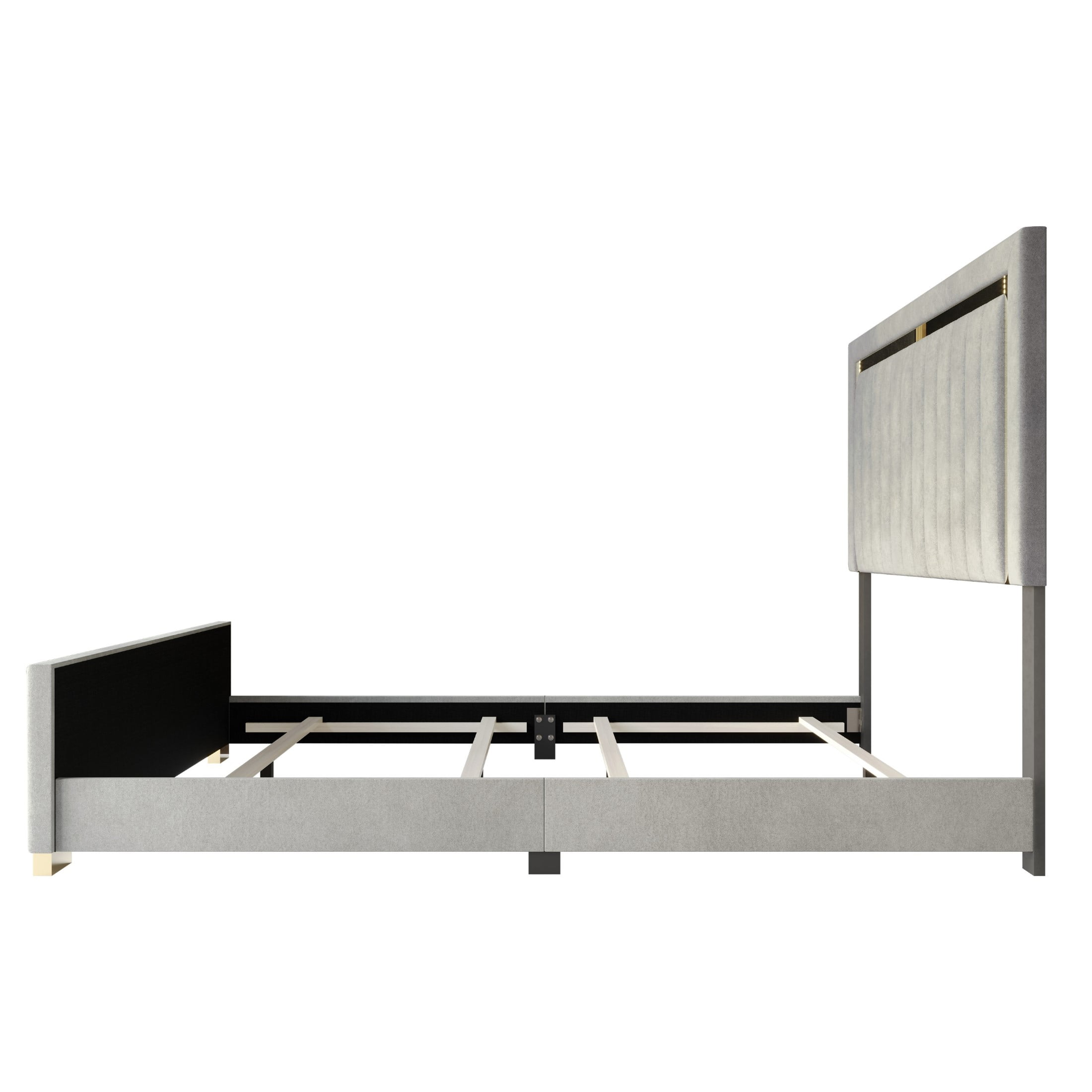 Home Design Olathe Full Upholstered Panel Bed Frame with Channel-Tufted Headboard and Gold Acrylic Strip Accents, Light Gray, Easy Assembly