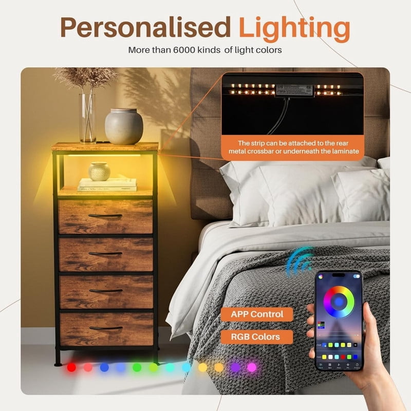 Kelno Nightstand with Charging Station Variable LED Strip End Table with 4 Fabric Drawers USB TypeC Outlets,Rustic Brown