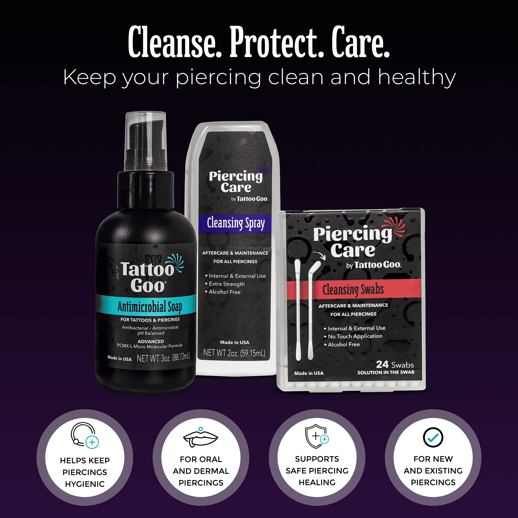 Tattoo Goo Piercing After Care Kit with cleansing swabs and spray and antibacterial soap