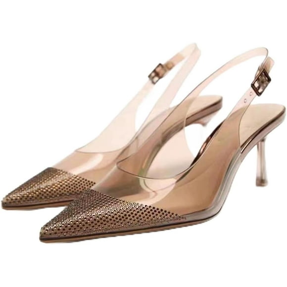 SURJDE Fashion Rhinestone Clear Slingback Pumps Shoes for Women Pointed Toe PVC Kitten Heels