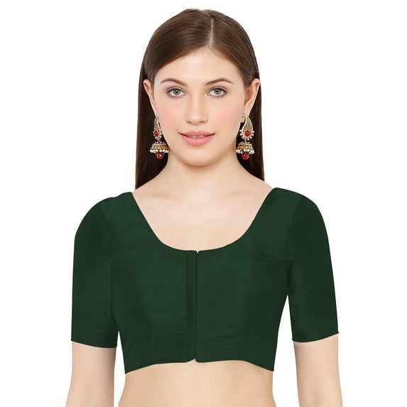 eloria Women's Art Silk Top Short Sleeve Blouse Deep Neck Top Sari Accessories Color: Green | Size: 34