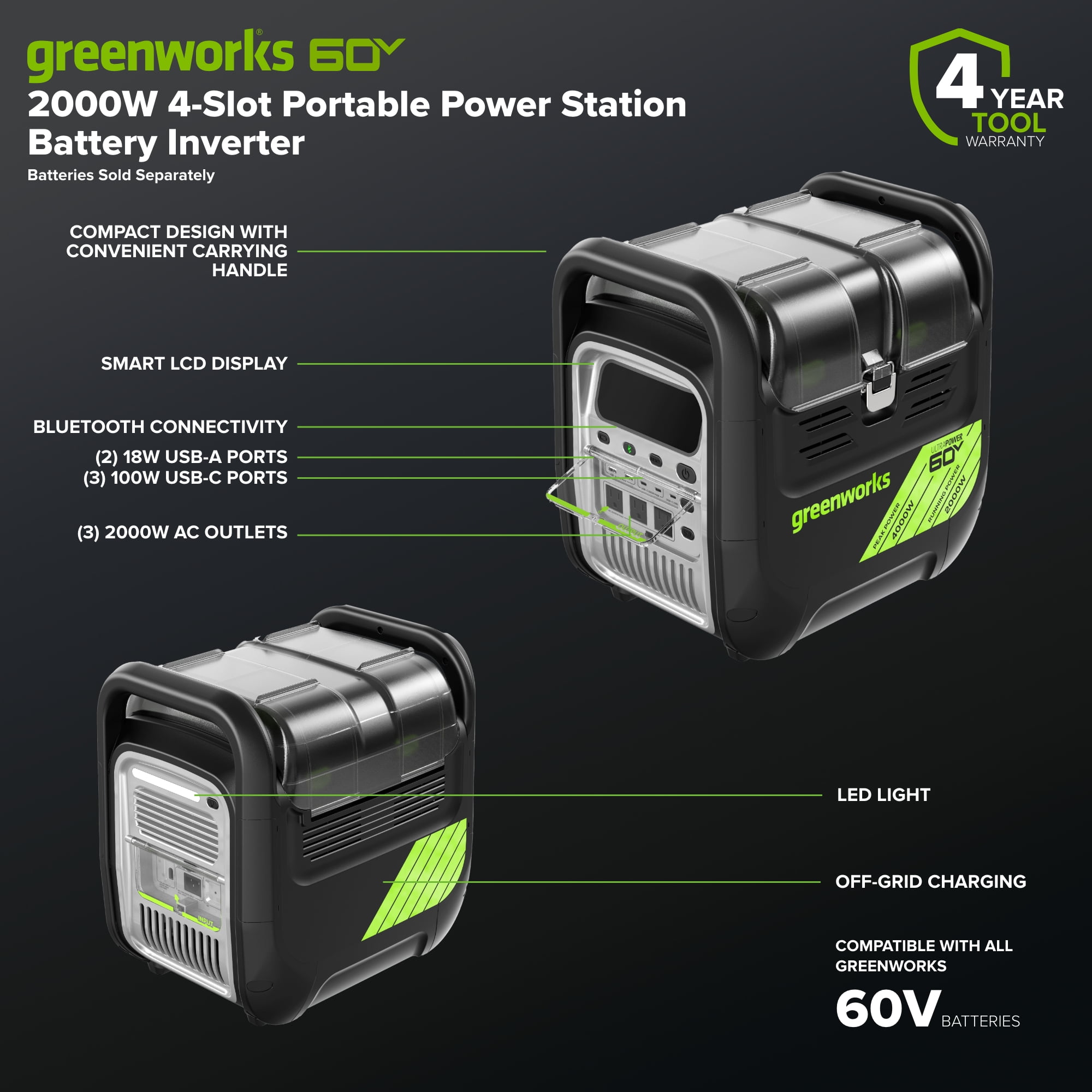 Greenworks 60V 2000W 4-Slot Portable Power Station Battery Inverter