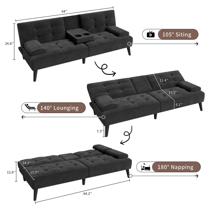 Walsunny Convertible Futon Sofa Bed, Foldable Futon Sleeper Sofa Bed with 2 Cup Holders, Folding Loveseat Recliner with 3-Angle Adjustment Modern Couch for Living Room, Small Space, Black