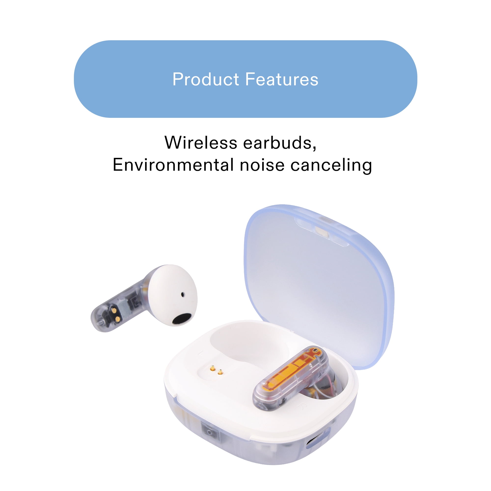 onn Mini Sticks Clear and White Wireless Bluetooth Earbuds with Environmental Noise Canceling