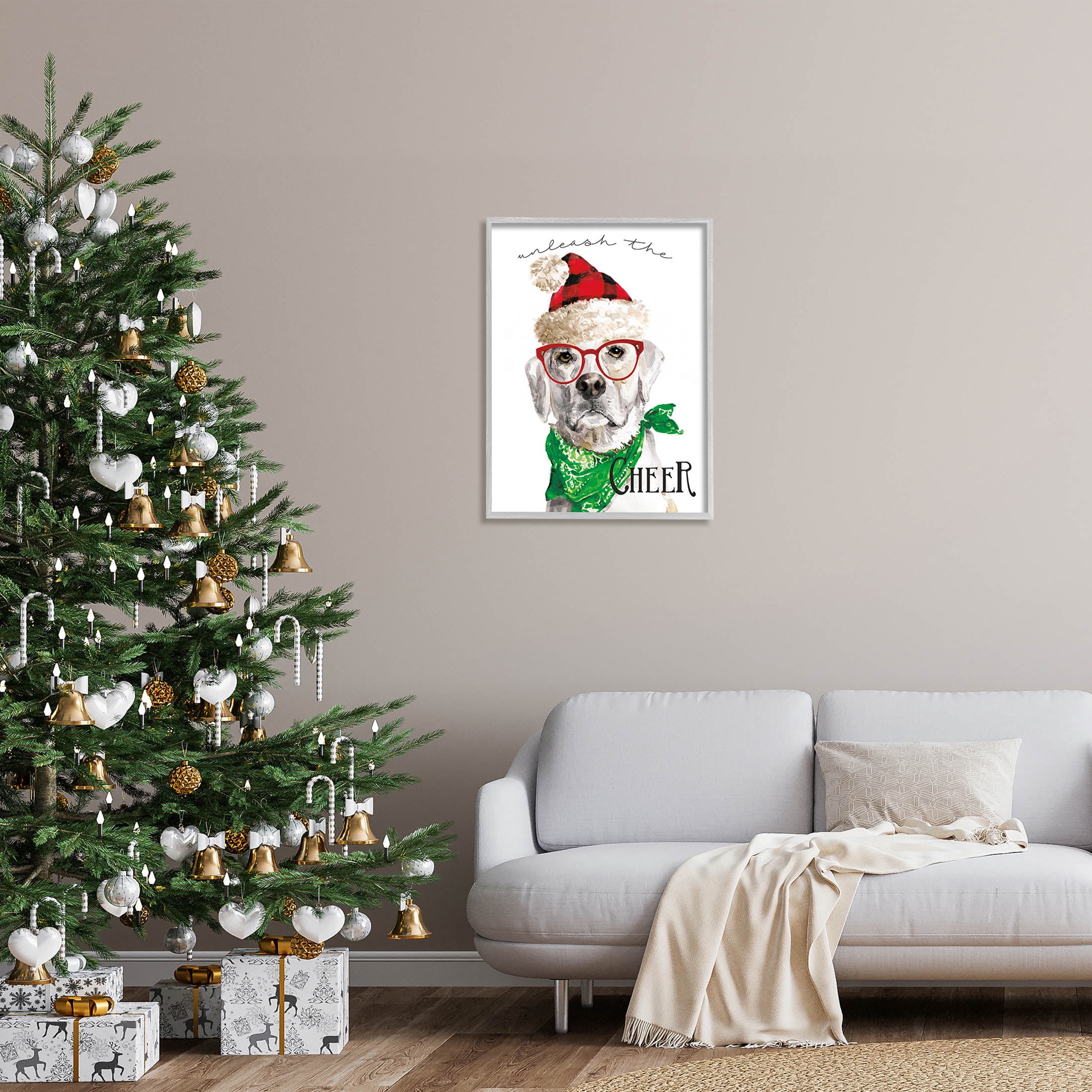 Stupell Industries Unleash The Cheer Holiday Dog Graphic Art Gray Framed Art Print Wall Art, Design by Livi Finn