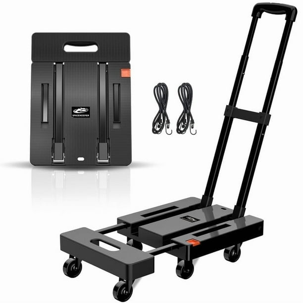 SPACEKEEPER Camión de Mano Plegable, Carro de Equipaje Resistente de 500 LB, Carro de Plataforma de Plataforma con 6 Ruedas y 2 Cuerdas Elásticas para Equipaje, Viajes, Mudanzas, Compras, Uso en la Oficina, Negro